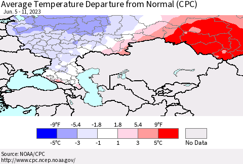 Russian Federation Average Temperature Departure from Normal (CPC) Thematic Map For 6/5/2023 - 6/11/2023
