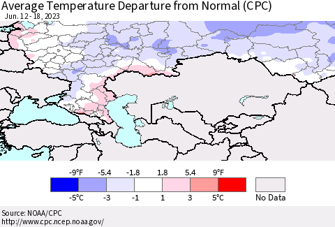 Russian Federation Average Temperature Departure from Normal (CPC) Thematic Map For 6/12/2023 - 6/18/2023