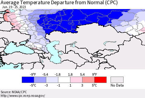 Russian Federation Average Temperature Departure from Normal (CPC) Thematic Map For 6/19/2023 - 6/25/2023