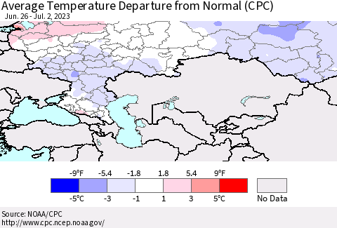Russian Federation Average Temperature Departure from Normal (CPC) Thematic Map For 6/26/2023 - 7/2/2023