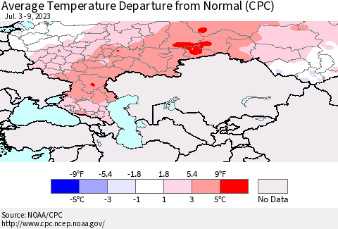 Russian Federation Average Temperature Departure from Normal (CPC) Thematic Map For 7/3/2023 - 7/9/2023