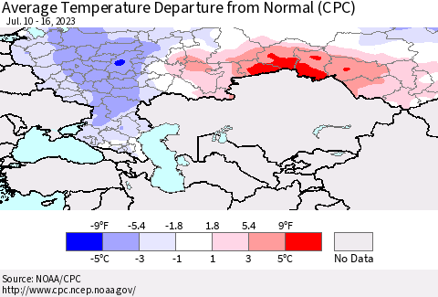 Russian Federation Average Temperature Departure from Normal (CPC) Thematic Map For 7/10/2023 - 7/16/2023
