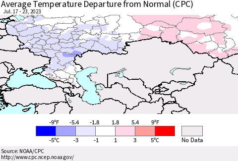 Russian Federation Average Temperature Departure from Normal (CPC) Thematic Map For 7/17/2023 - 7/23/2023