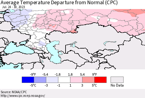 Russian Federation Average Temperature Departure from Normal (CPC) Thematic Map For 7/24/2023 - 7/30/2023