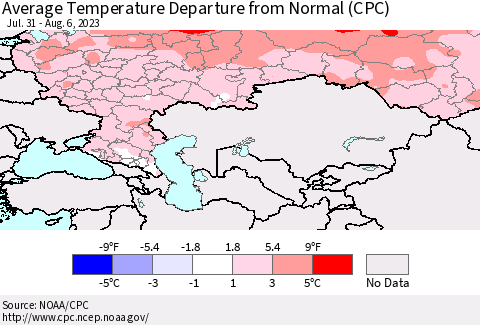 Russian Federation Average Temperature Departure from Normal (CPC) Thematic Map For 7/31/2023 - 8/6/2023