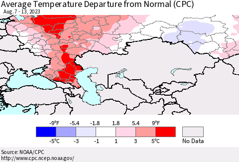 Russian Federation Average Temperature Departure from Normal (CPC) Thematic Map For 8/7/2023 - 8/13/2023