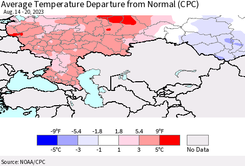 Russian Federation Average Temperature Departure from Normal (CPC) Thematic Map For 8/14/2023 - 8/20/2023