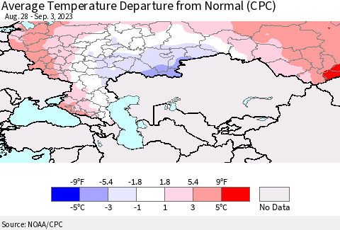 Russian Federation Average Temperature Departure from Normal (CPC) Thematic Map For 8/28/2023 - 9/3/2023