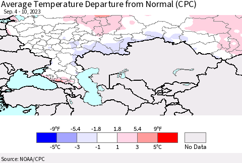 Russian Federation Average Temperature Departure from Normal (CPC) Thematic Map For 9/4/2023 - 9/10/2023
