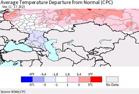 Russian Federation Average Temperature Departure from Normal (CPC) Thematic Map For 9/11/2023 - 9/17/2023
