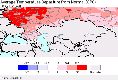 Russian Federation Average Temperature Departure from Normal (CPC) Thematic Map For 9/18/2023 - 9/24/2023