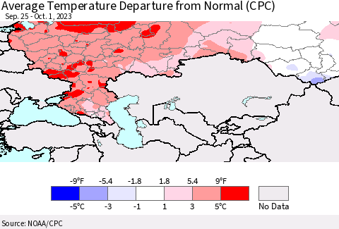 Russian Federation Average Temperature Departure from Normal (CPC) Thematic Map For 9/25/2023 - 10/1/2023