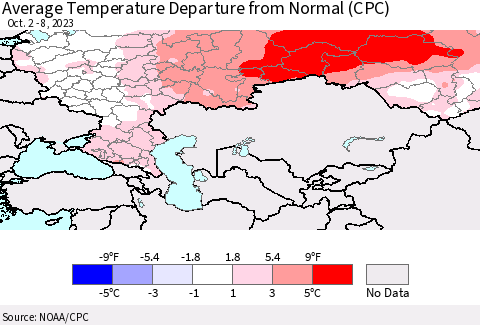 Russian Federation Average Temperature Departure from Normal (CPC) Thematic Map For 10/2/2023 - 10/8/2023