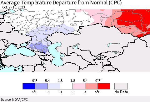 Russian Federation Average Temperature Departure from Normal (CPC) Thematic Map For 10/9/2023 - 10/15/2023