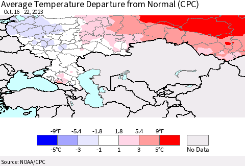 Russian Federation Average Temperature Departure from Normal (CPC) Thematic Map For 10/16/2023 - 10/22/2023