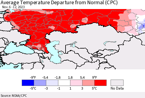 Russian Federation Average Temperature Departure from Normal (CPC) Thematic Map For 11/6/2023 - 11/12/2023