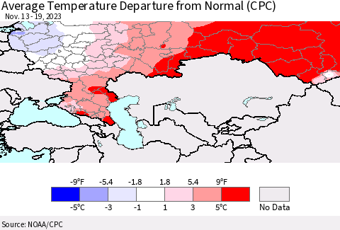 Russian Federation Average Temperature Departure from Normal (CPC) Thematic Map For 11/13/2023 - 11/19/2023