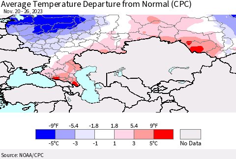 Russian Federation Average Temperature Departure from Normal (CPC) Thematic Map For 11/20/2023 - 11/26/2023