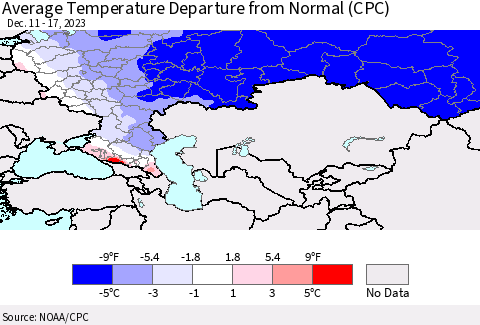 Russian Federation Average Temperature Departure from Normal (CPC) Thematic Map For 12/11/2023 - 12/17/2023