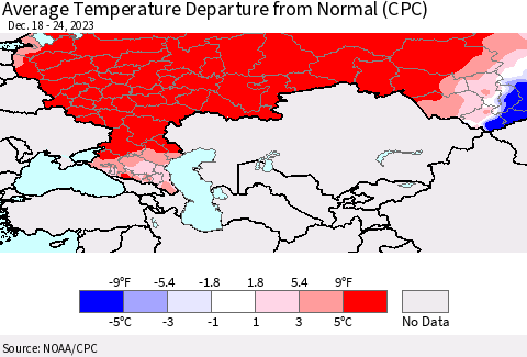 Russian Federation Average Temperature Departure from Normal (CPC) Thematic Map For 12/18/2023 - 12/24/2023