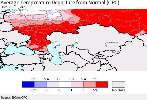 Russian Federation Average Temperature Departure from Normal (CPC) Thematic Map For 12/25/2023 - 12/31/2023
