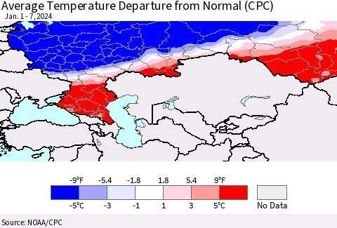 Russian Federation Average Temperature Departure from Normal (CPC) Thematic Map For 1/1/2024 - 1/7/2024
