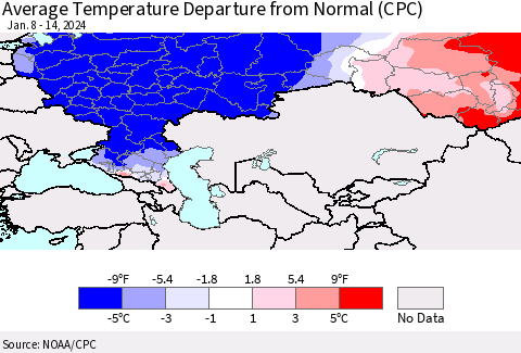 Russian Federation Average Temperature Departure from Normal (CPC) Thematic Map For 1/8/2024 - 1/14/2024