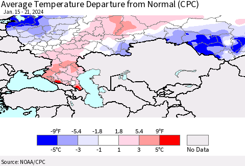 Russian Federation Average Temperature Departure from Normal (CPC) Thematic Map For 1/15/2024 - 1/21/2024