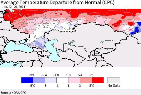 Russian Federation Average Temperature Departure from Normal (CPC) Thematic Map For 1/22/2024 - 1/28/2024