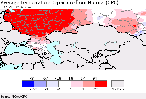 Russian Federation Average Temperature Departure from Normal (CPC) Thematic Map For 1/29/2024 - 2/4/2024