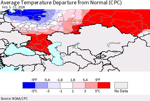 Russian Federation Average Temperature Departure from Normal (CPC) Thematic Map For 2/5/2024 - 2/11/2024