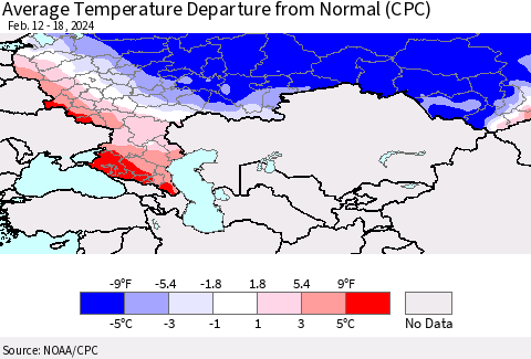Russian Federation Average Temperature Departure from Normal (CPC) Thematic Map For 2/12/2024 - 2/18/2024