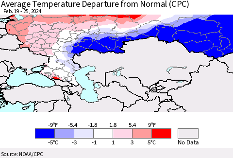 Russian Federation Average Temperature Departure from Normal (CPC) Thematic Map For 2/19/2024 - 2/25/2024
