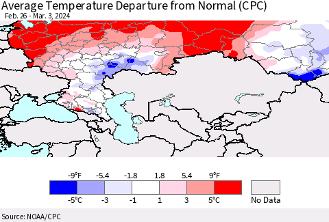 Russian Federation Average Temperature Departure from Normal (CPC) Thematic Map For 2/26/2024 - 3/3/2024
