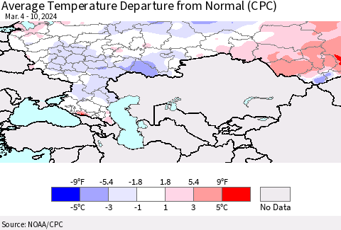 Russian Federation Average Temperature Departure from Normal (CPC) Thematic Map For 3/4/2024 - 3/10/2024