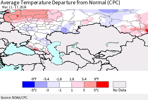 Russian Federation Average Temperature Departure from Normal (CPC) Thematic Map For 3/11/2024 - 3/17/2024