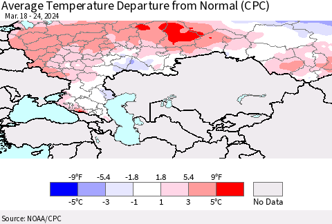 Russian Federation Average Temperature Departure from Normal (CPC) Thematic Map For 3/18/2024 - 3/24/2024