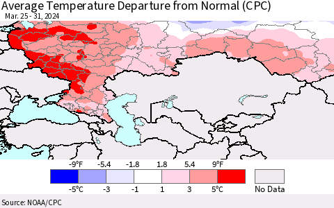 Russian Federation Average Temperature Departure from Normal (CPC) Thematic Map For 3/25/2024 - 3/31/2024