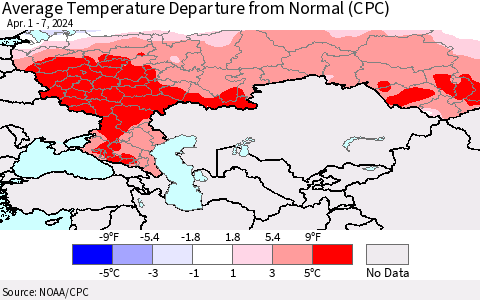 Russian Federation Average Temperature Departure from Normal (CPC) Thematic Map For 4/1/2024 - 4/7/2024