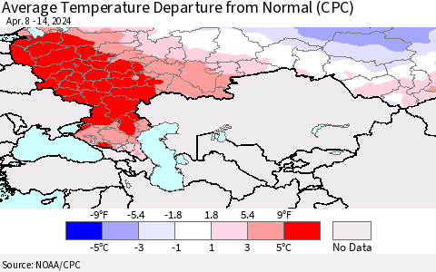 Russian Federation Average Temperature Departure from Normal (CPC) Thematic Map For 4/8/2024 - 4/14/2024