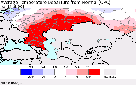 Russian Federation Average Temperature Departure from Normal (CPC) Thematic Map For 4/15/2024 - 4/21/2024