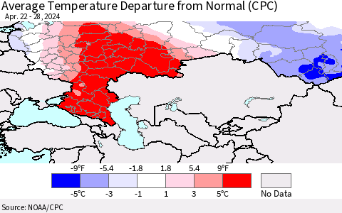 Russian Federation Average Temperature Departure from Normal (CPC) Thematic Map For 4/22/2024 - 4/28/2024