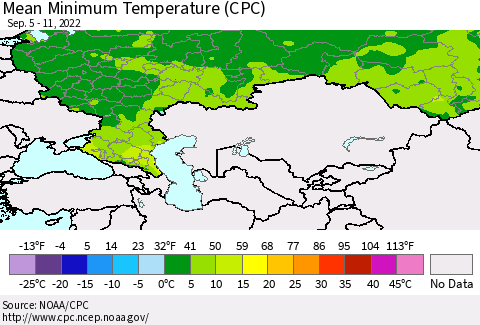 Russian Federation Mean Minimum Temperature (CPC) Thematic Map For 9/5/2022 - 9/11/2022