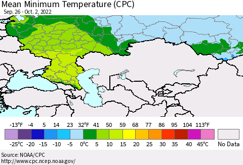 Russian Federation Mean Minimum Temperature (CPC) Thematic Map For 9/26/2022 - 10/2/2022