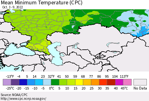 Russian Federation Mean Minimum Temperature (CPC) Thematic Map For 10/3/2022 - 10/9/2022