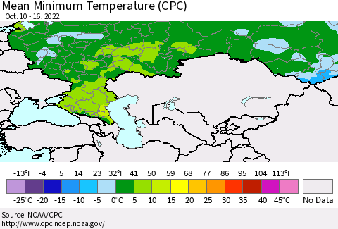 Russian Federation Mean Minimum Temperature (CPC) Thematic Map For 10/10/2022 - 10/16/2022