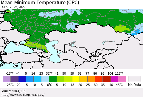 Russian Federation Mean Minimum Temperature (CPC) Thematic Map For 10/17/2022 - 10/23/2022