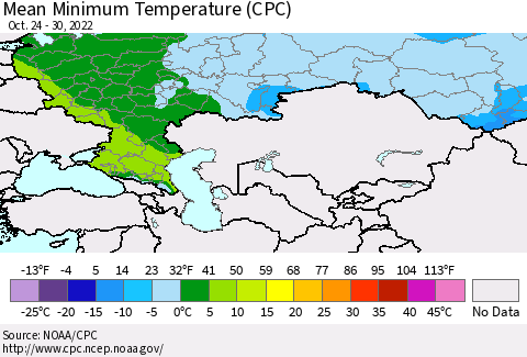 Russian Federation Mean Minimum Temperature (CPC) Thematic Map For 10/24/2022 - 10/30/2022