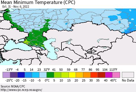 Russian Federation Mean Minimum Temperature (CPC) Thematic Map For 10/31/2022 - 11/6/2022