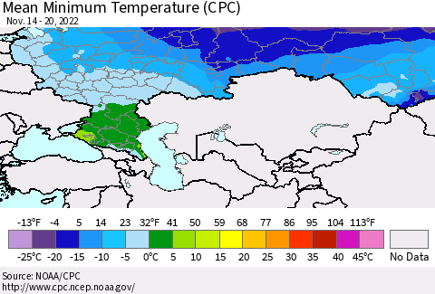 Russian Federation Mean Minimum Temperature (CPC) Thematic Map For 11/14/2022 - 11/20/2022